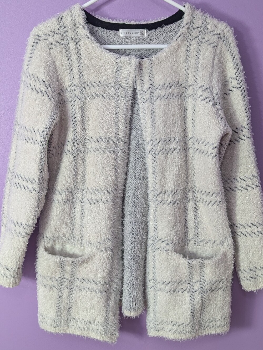 Retrology Cozy Soft Fuzzy Eyelash Black White Plaid Open Front Cardigan Medium